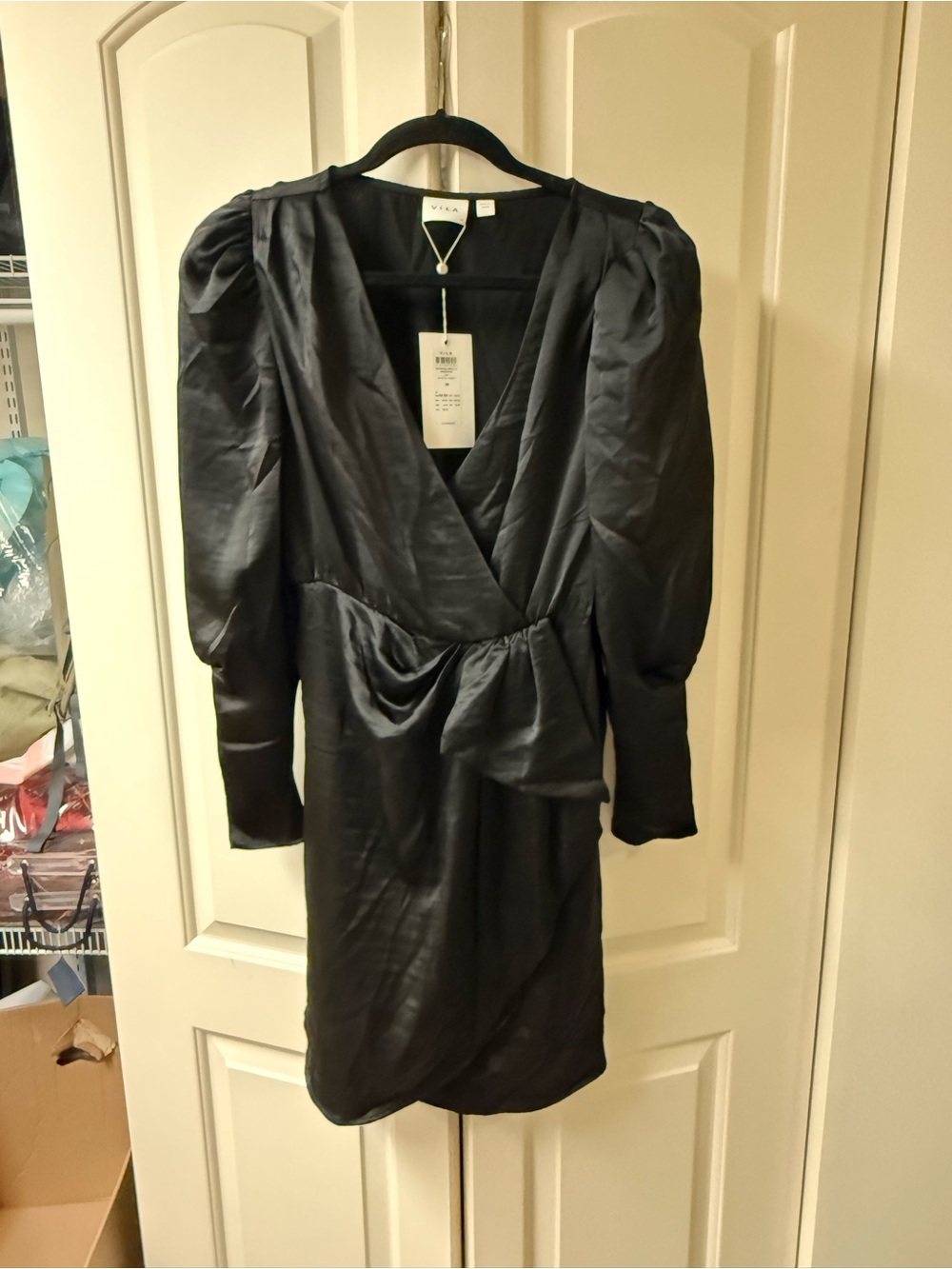 VILA Black Satin Puff-Sleeve Mini Dress